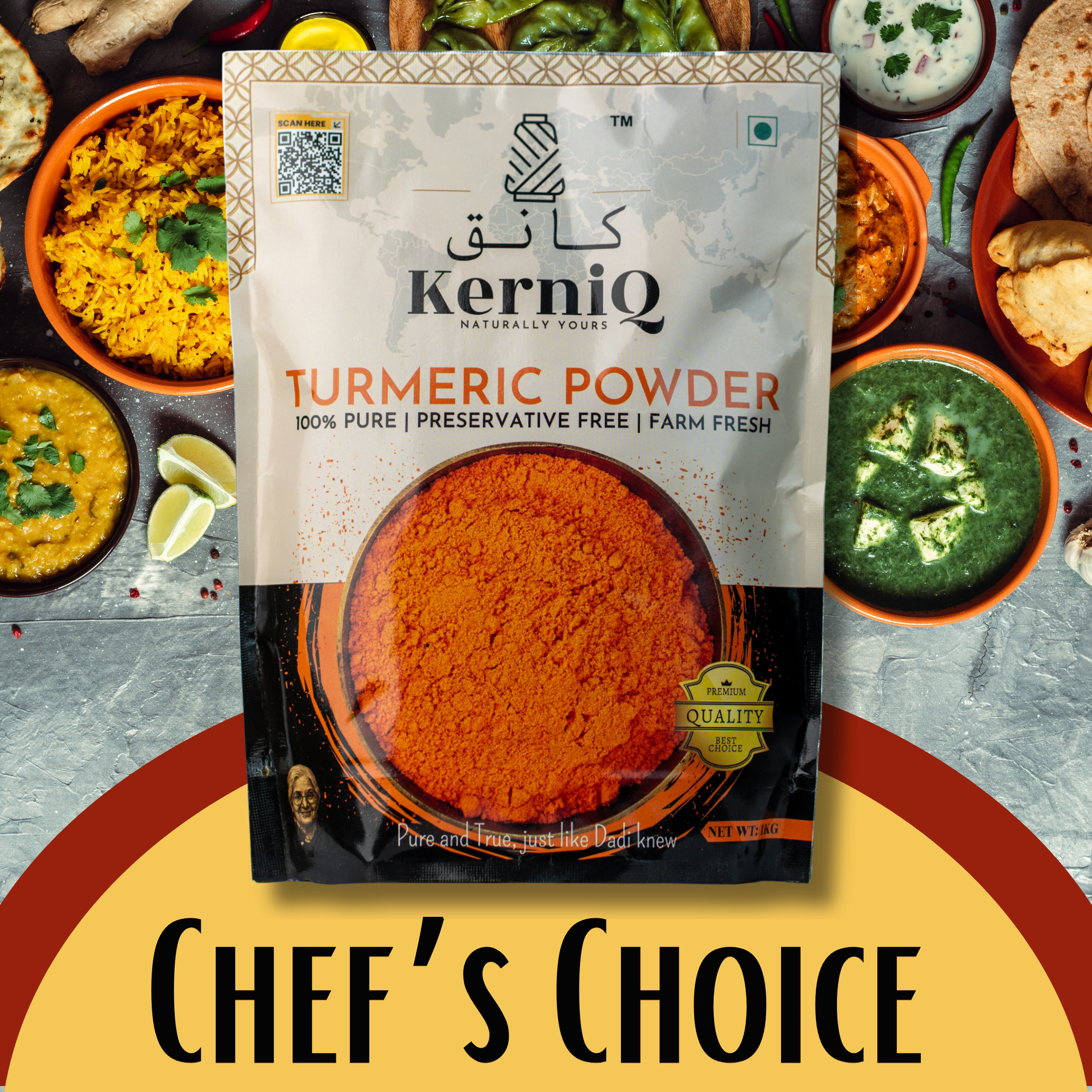 kerniq turmeric powder 1kg, haldi powder, with natural oils, minimum 3% curcumin, 100% pure, hygienically packed