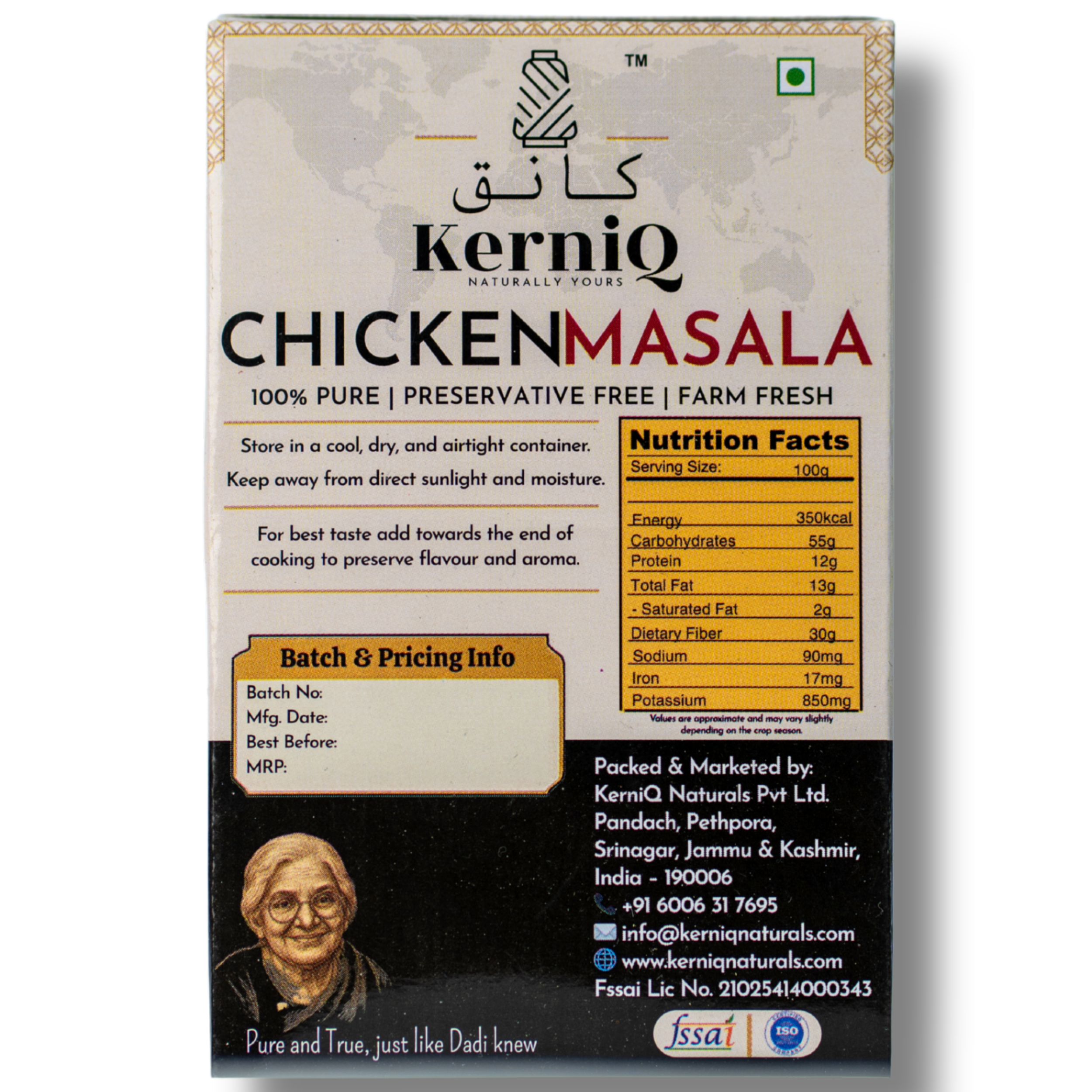 kerniq chicken masala 50g, premium blend of spices, restaurant style taste at home, no artificial colors