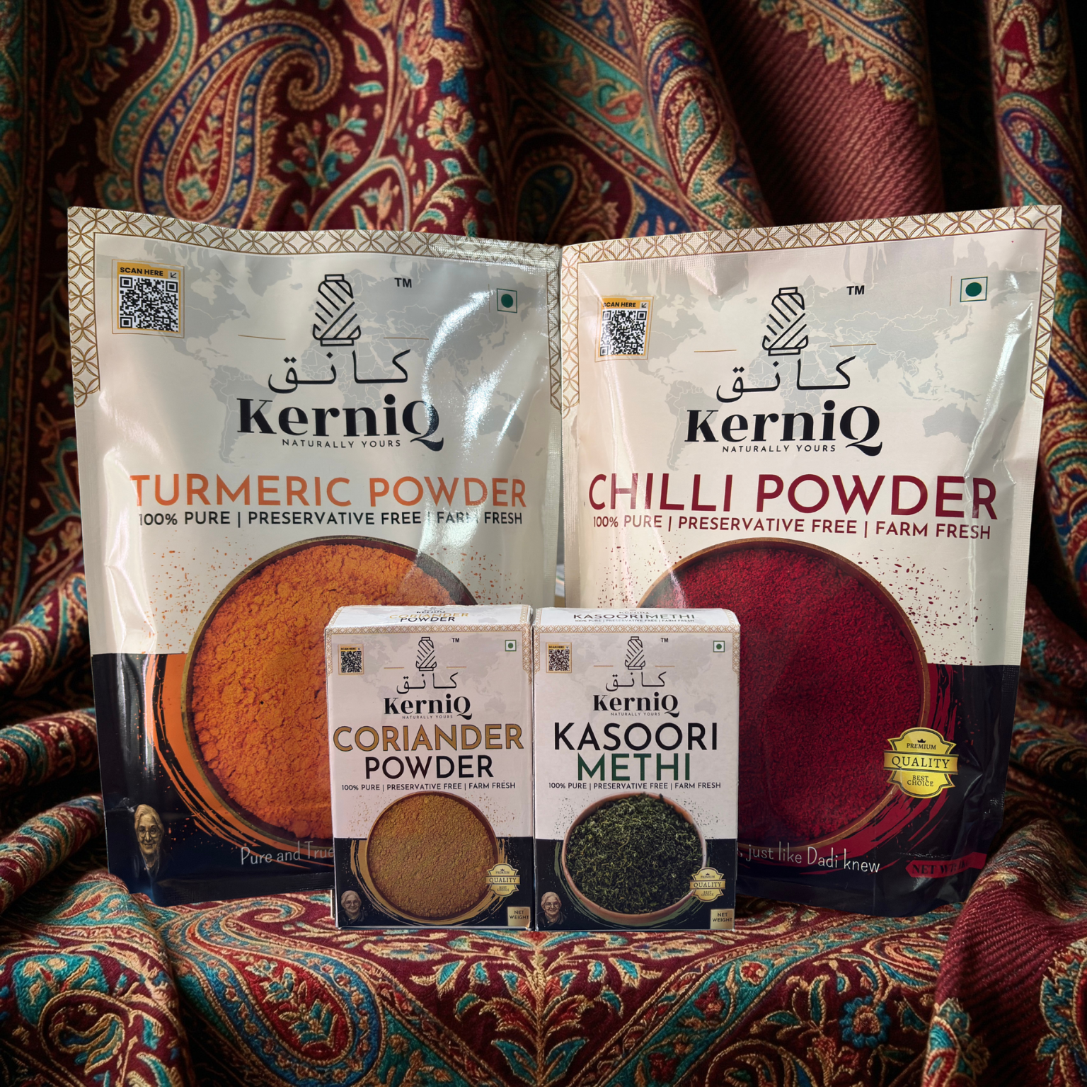 Organic Kashmiri Spice Combo, Complete Daily Essentials (Turmeric 500g, Chilli 500g, Coriander 100g and Kasoori Methi 25g)
